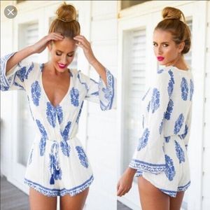 NWT Persun boho white blue floral romper small